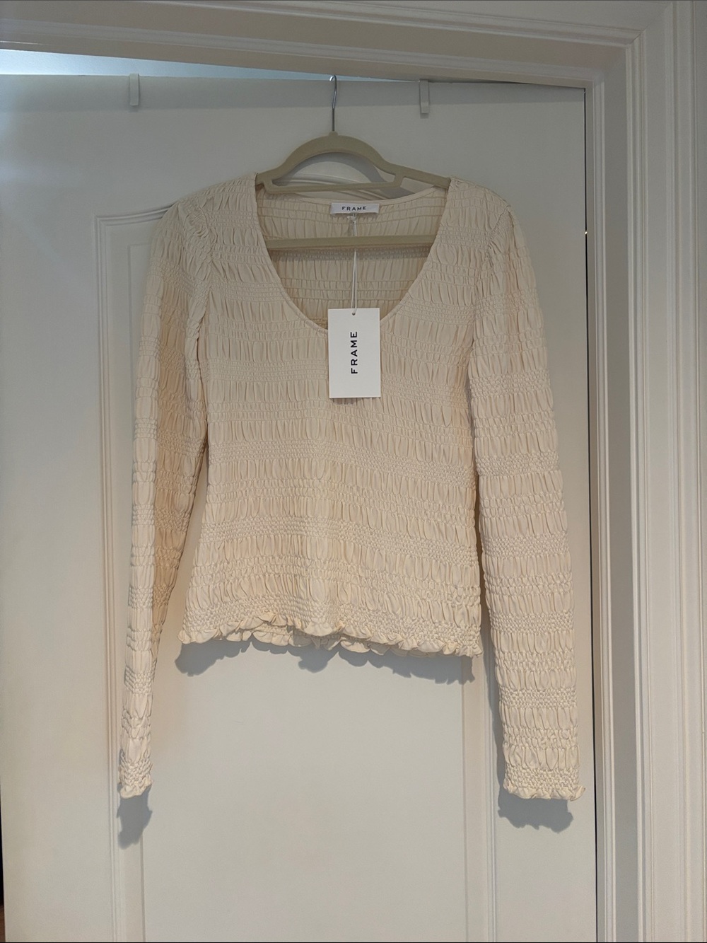 Frame Denim Cream Smocked Long Sleeve Scoop Top